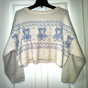 Aqua Blues Cozy Cream and Blue Teddy Bear oversized cropped sweater. Sz M NWOT